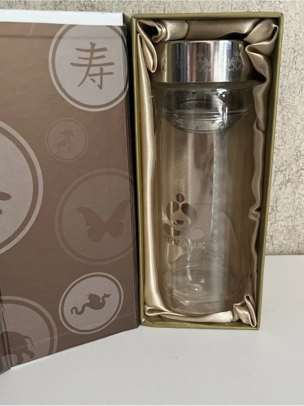 Teavana Tea Rhapsody Double Wall Glass Tumbler 16oz Stainless Steel Strainer Box
